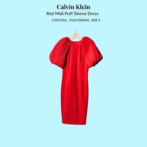 Calvin Klein Red Midi Dress Size 4 | Puff Sleeve Cocktail Wedding Guest
